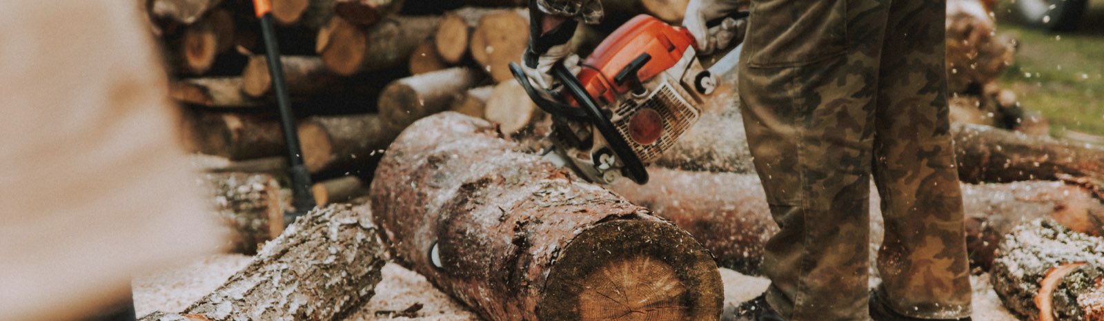 Man using a chainsaw to cut a tree trunk
